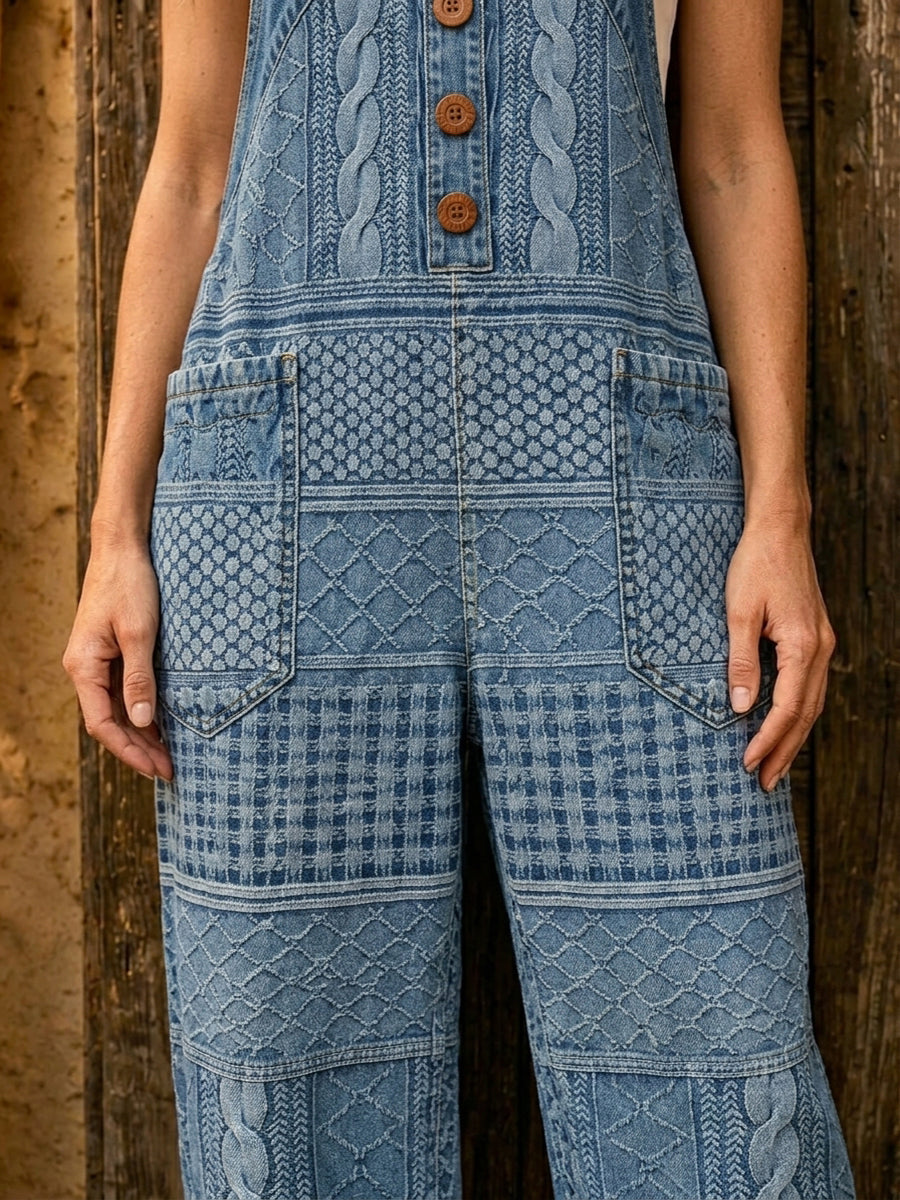 Women's Retro Art Print Denim Patchwork Jumpsuit