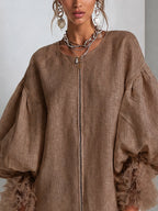 Brown Zip-Front Balloon Sleeve Mini Dress With Pleated Ruffle Cuffs