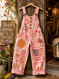 Women's Retro Style Art Print Washed Cotton Denim Patchwork Jumpsuit