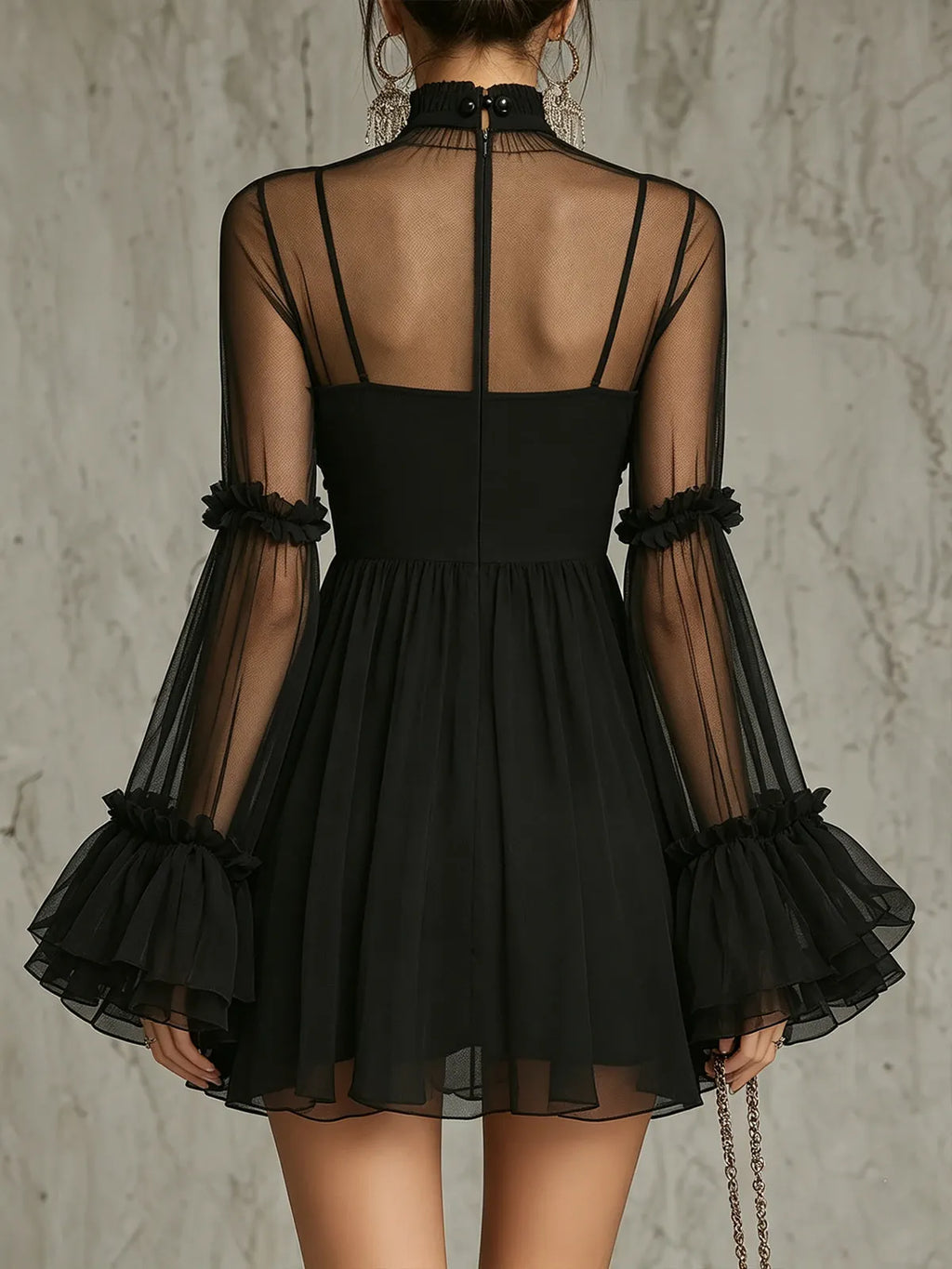 Black Sheer Floral Appliqué High Neck Pleated Chiffon Mini Dress