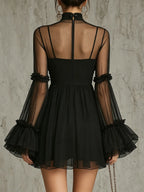 Black Sheer Floral Appliqué High Neck Pleated Chiffon Mini Dress