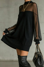 Sheer-Sleeve High-Neck Mini Dress