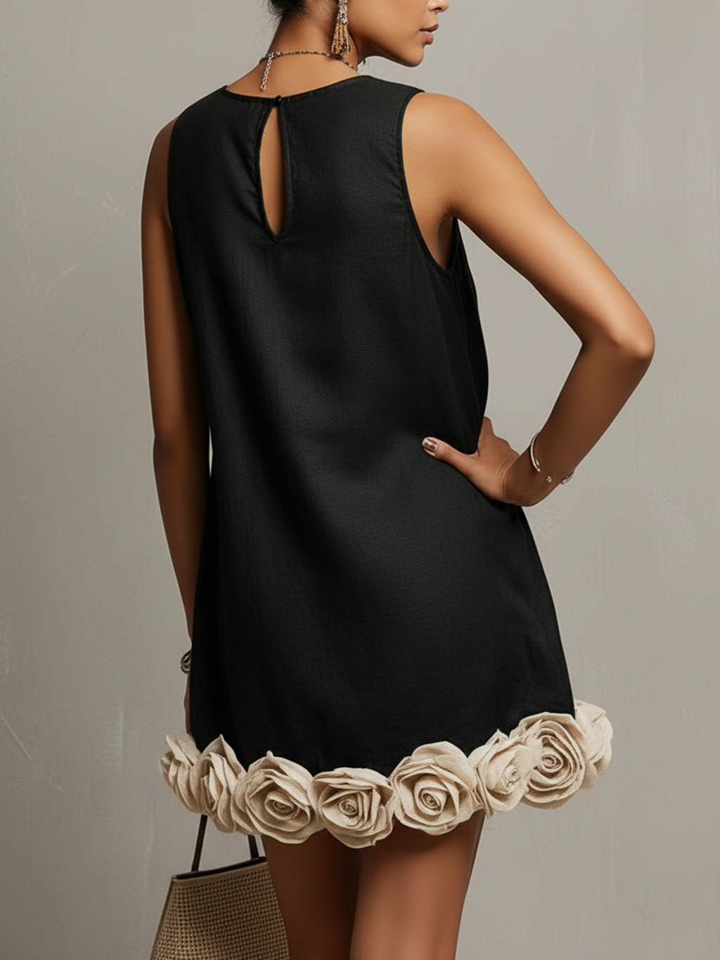 Black Cotton-Linen Mini Dress With 3D Floral Hem