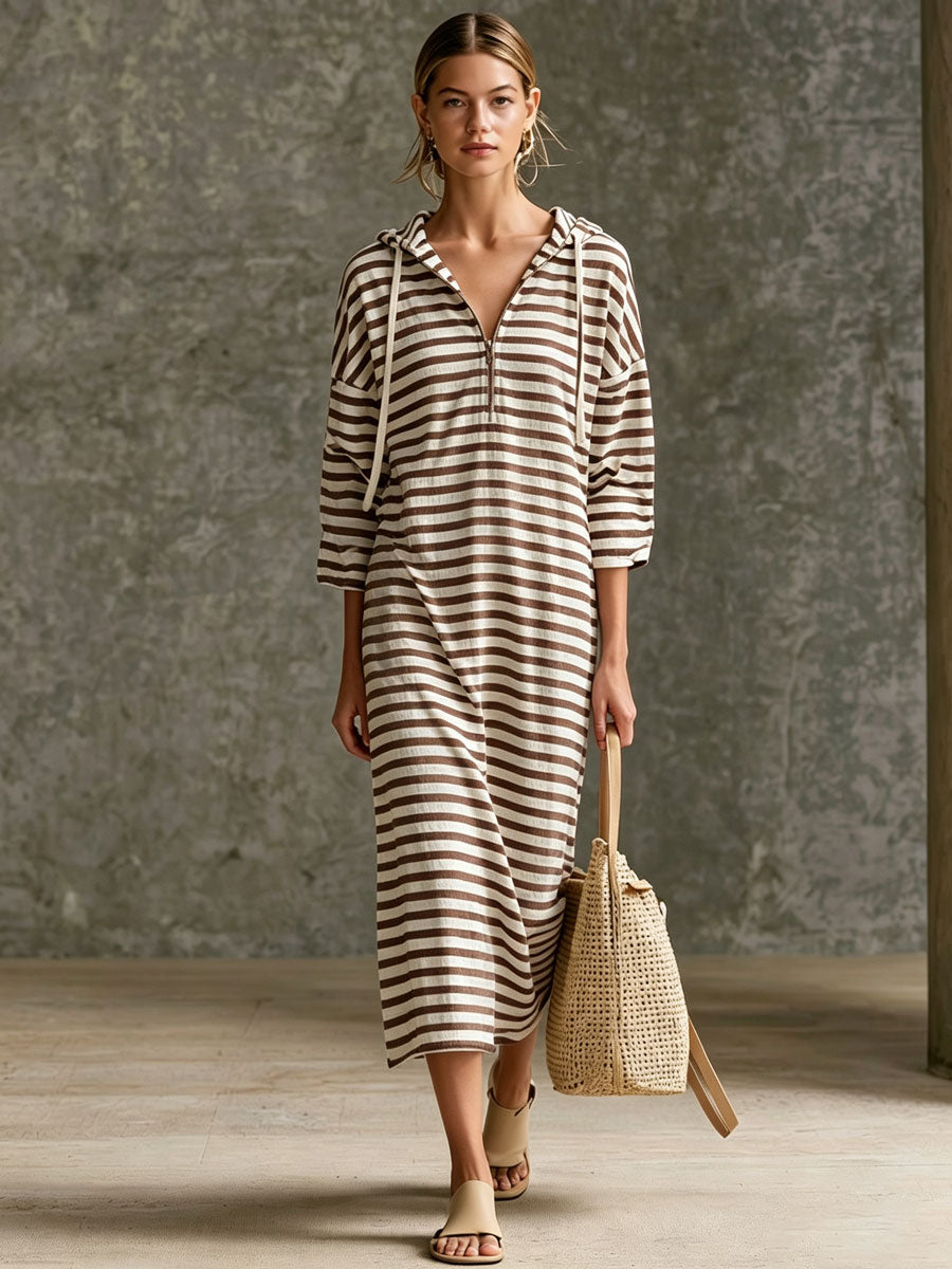 Striped Half-Zip Hooded Midi Dress