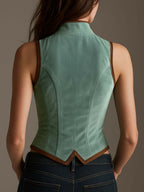 Sage Polyester velvet And Contrast Leather Trim Slim Fit Vest