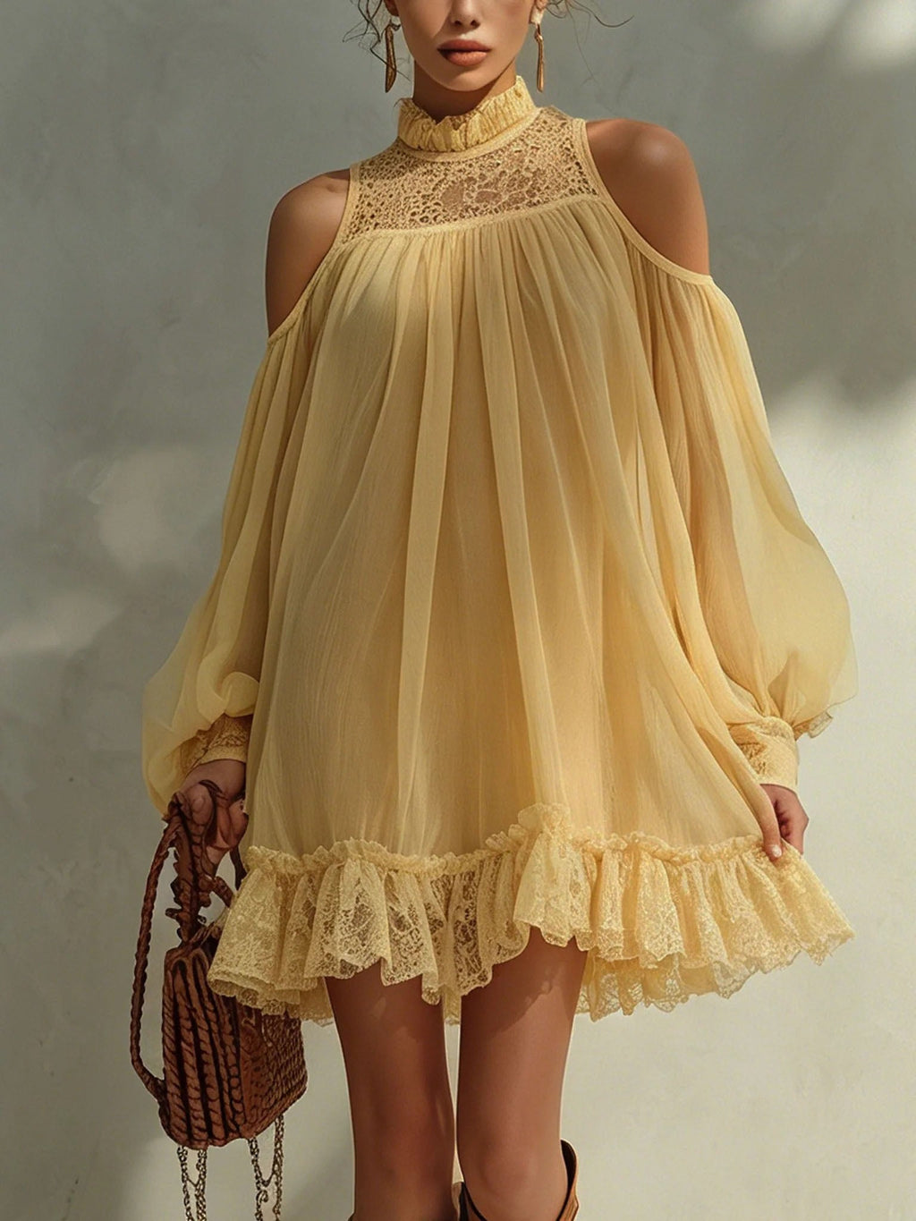 Lace Trim Cold-Shoulder Chiffon Mini Dress