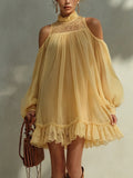 Lace Trim Cold-Shoulder Chiffon Mini Dress