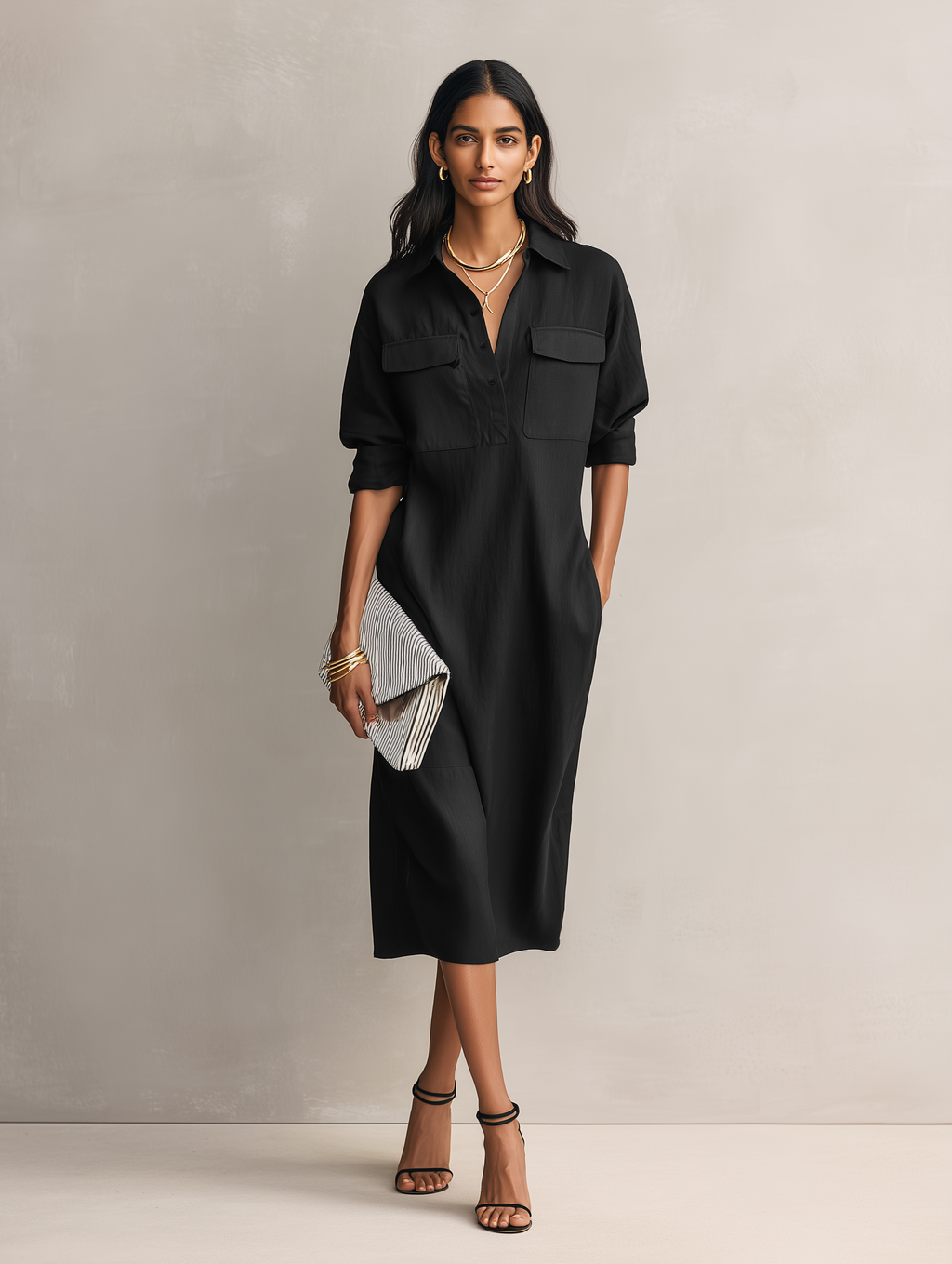 Shirt Collar Cotton-Linen Midi Dress
