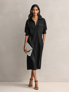 Shirt Collar Cotton-Linen Midi Dress