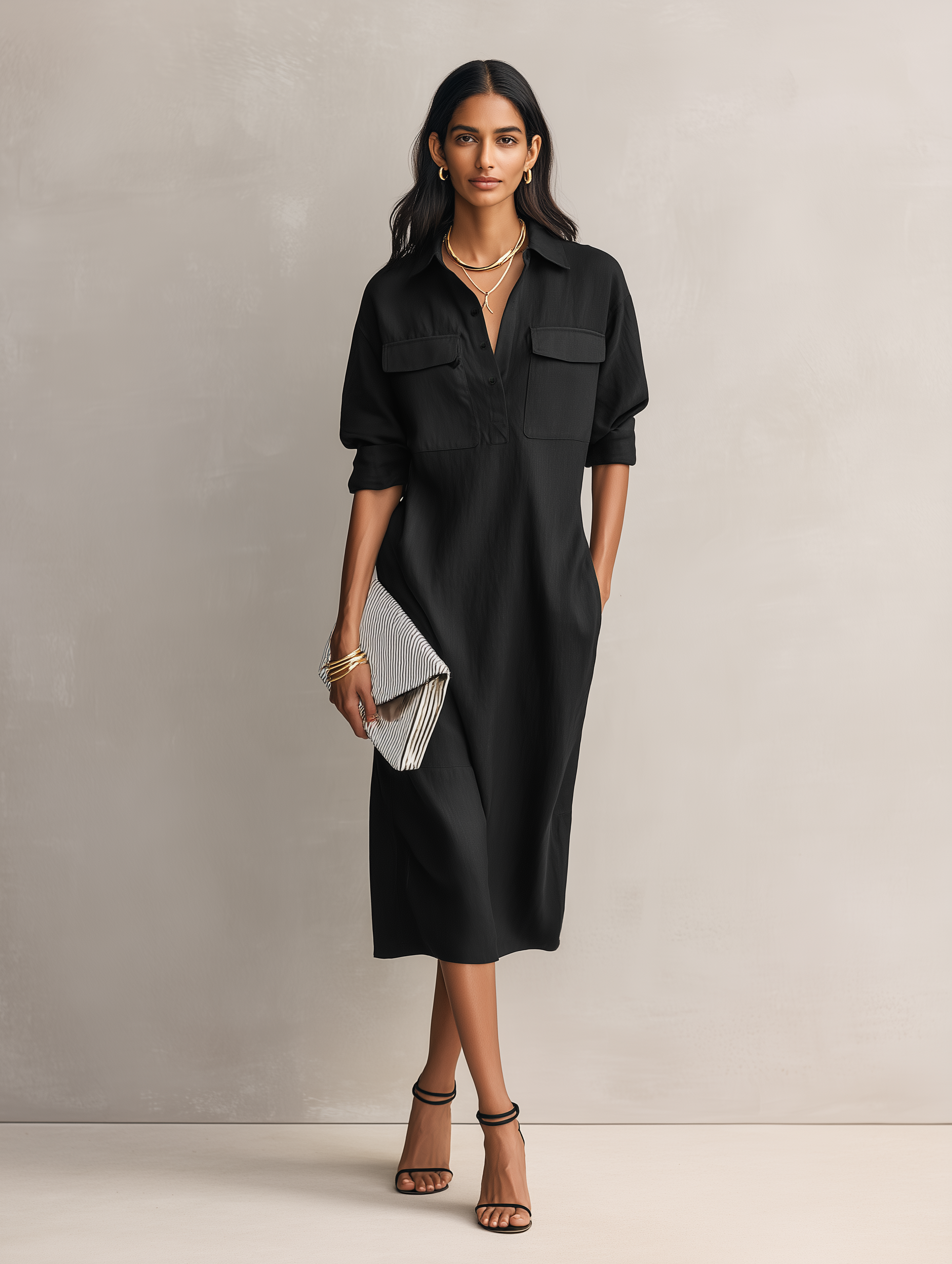 Shirt Collar Cotton-Linen Midi Dress