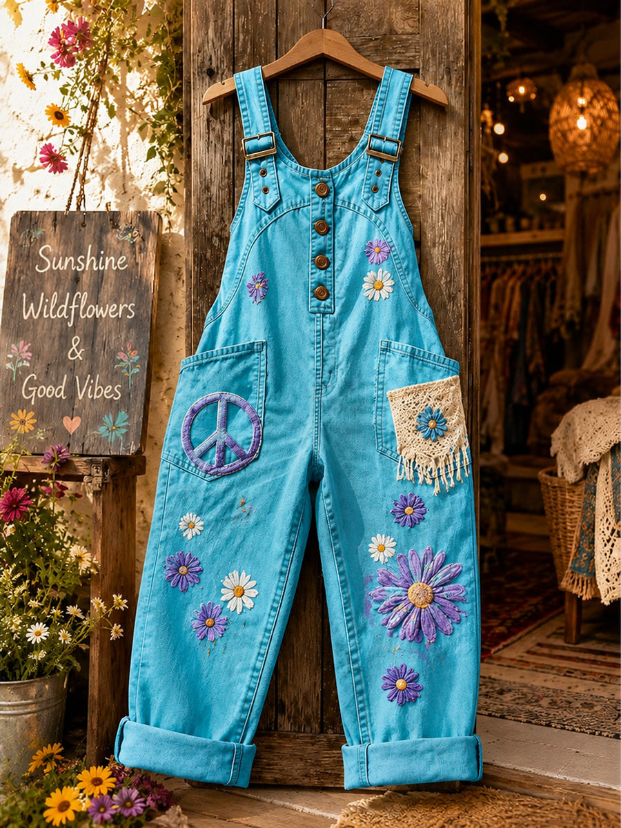 Women's Retro Style Art Print Washed Cotton Denim Patchwork Jumpsuit