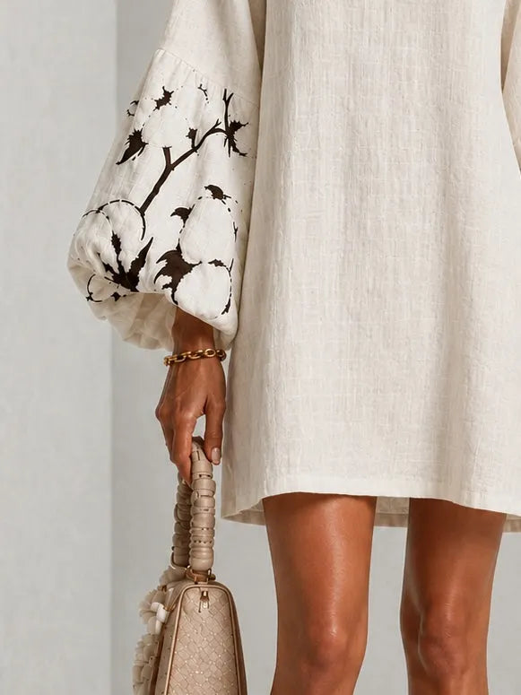 White V-neck Lantern Puff Sleeve Floral Print Mini Dress