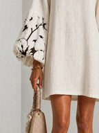 White V-neck Lantern Puff Sleeve Floral Print Mini Dress