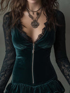 Dark green velvet mini dress with lace sleeves