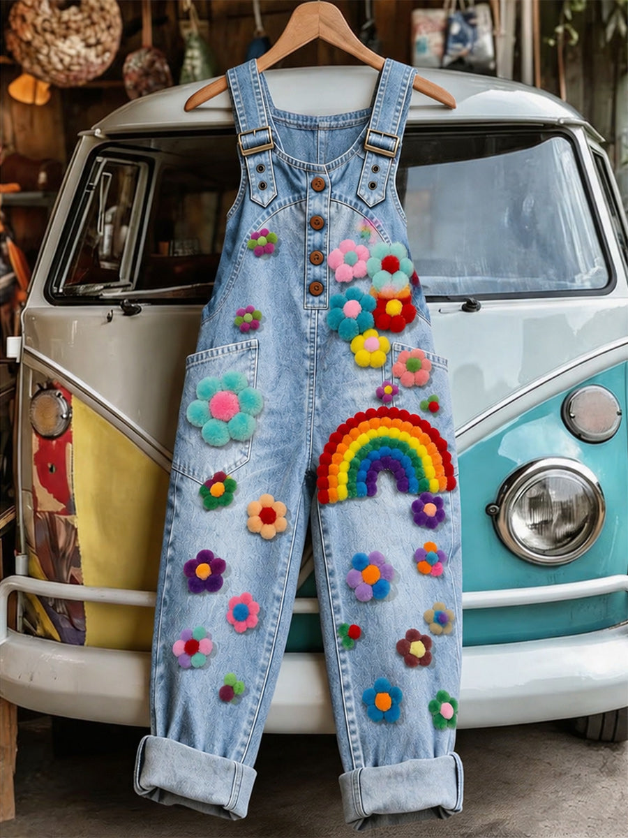 Women's Retro Style Art Print Washed Cotton Denim Patchwork Jumpsuit