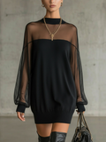 Black Sheer Mesh Sleeve High‐Neck Mini Dress