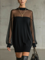 Black Sheer Mesh Sleeve High‐Neck Mini Dress
