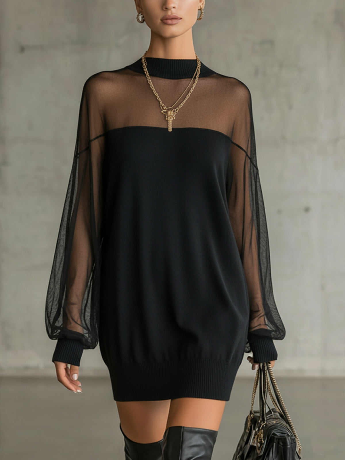 Black Sheer Mesh Sleeve High‐Neck Mini Dress