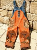 Women's Retro Style Print Washed Cotton Denim Patchwork Jumpsuit