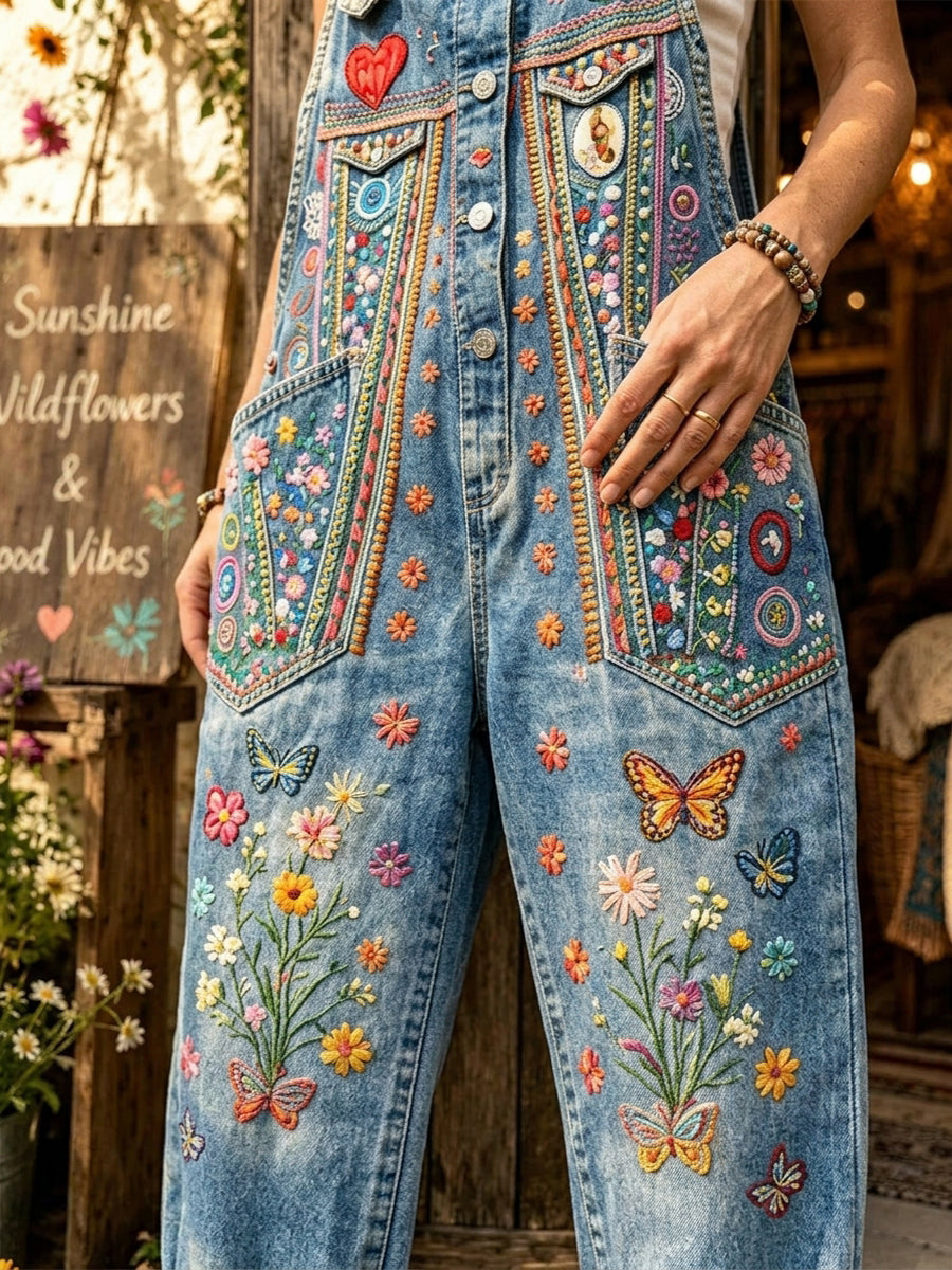 Women's Retro Style Art Print Washed Cotton Denim Patchwork Jumpsuit