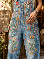 Women's Retro Style Art Print Washed Cotton Denim Patchwork Jumpsuit