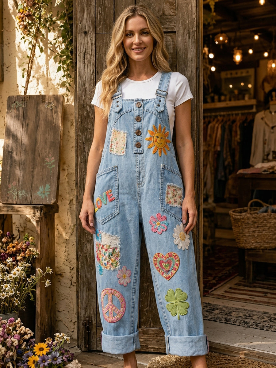 Women's Retro Style Art Print Washed Cotton Denim Patchwork Jumpsuit