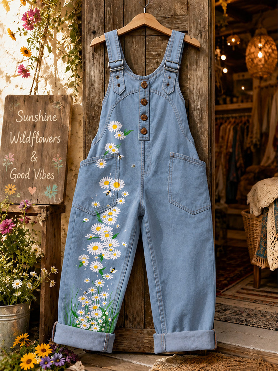 Women's Retro Style Art Print Washed Cotton Denim Patchwork Jumpsuit