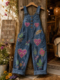 Women's Retro Style Art Print Washed Cotton Denim Patchwork Jumpsuit
