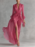 Elegant Pearl Chiffon V-Neck Maxi Dress