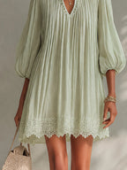 Light Green Ppleated Chiffon Lantern Sleeve Lace Mini Dress
