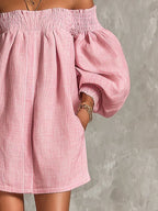 Pink Off-shoulder Lantern Sleeve A-line Loose Mini Dress
