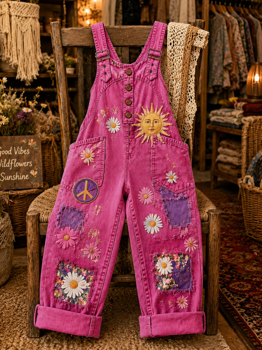 Women's Retro Style Art Print Washed Cotton Denim Patchwork Jumpsuit