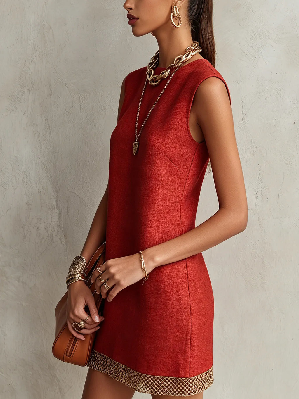 Red Sleeveless Mini Dress With Gold Trim Hem