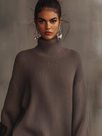 Brown Ruffled Hem Turtleneck Sweater Dress