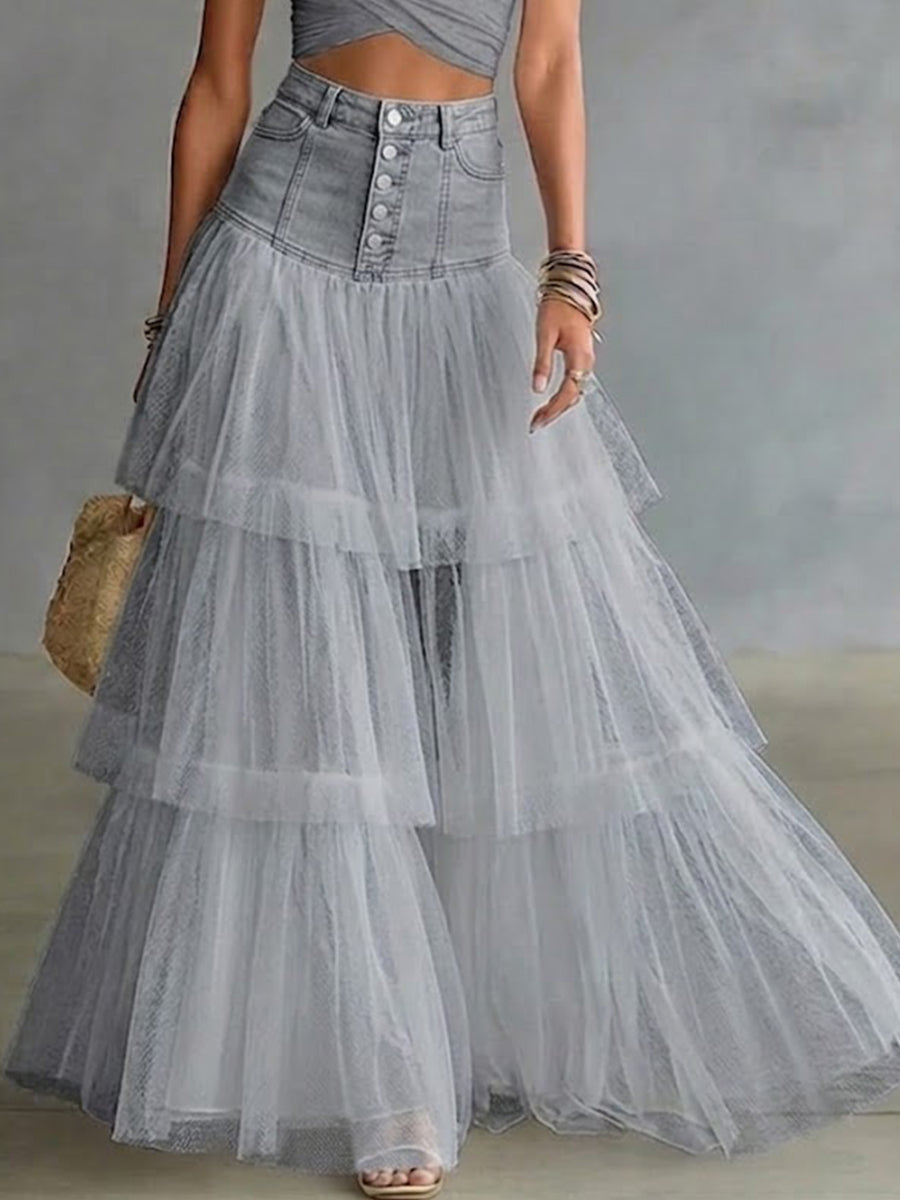 Stylish Casual Spliced Mesh Denim Skirt