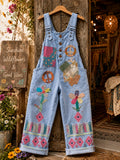 Women's Retro Style Art Print Washed Cotton Denim Patchwork Jumpsuit