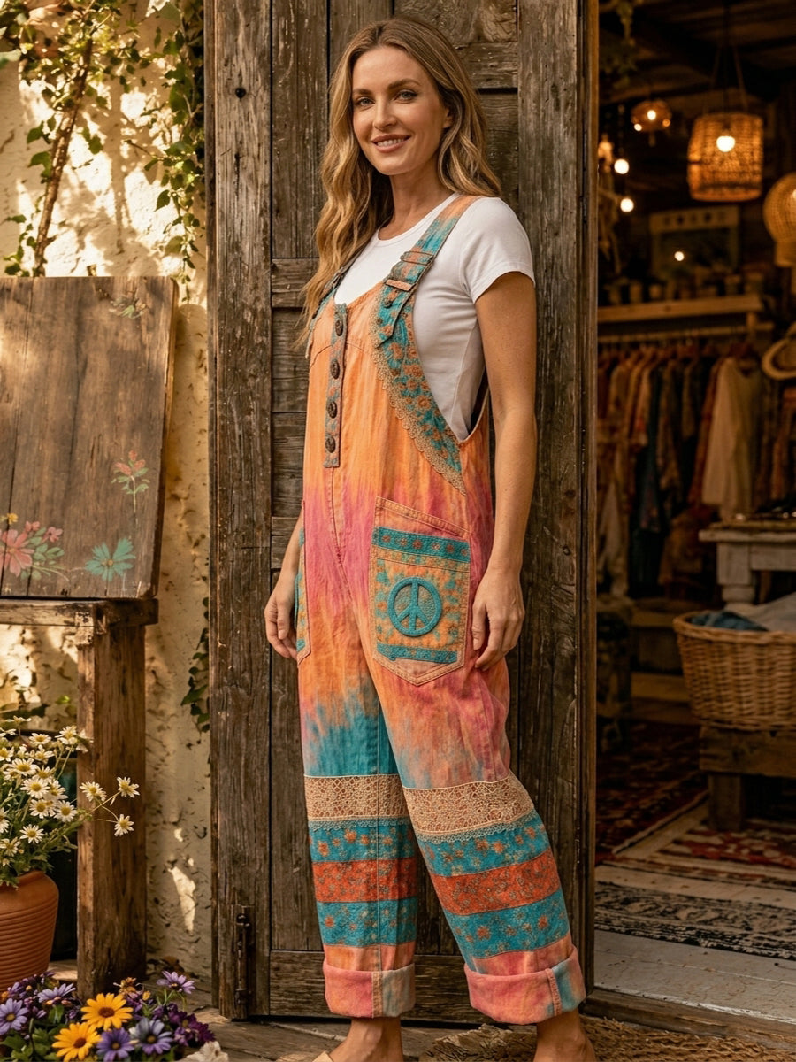 Women's Retro Style Art Print Washed Cotton Denim Patchwork Jumpsuit