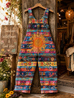 Women's Retro Style Art Print Washed Cotton Denim Patchwork Jumpsuit