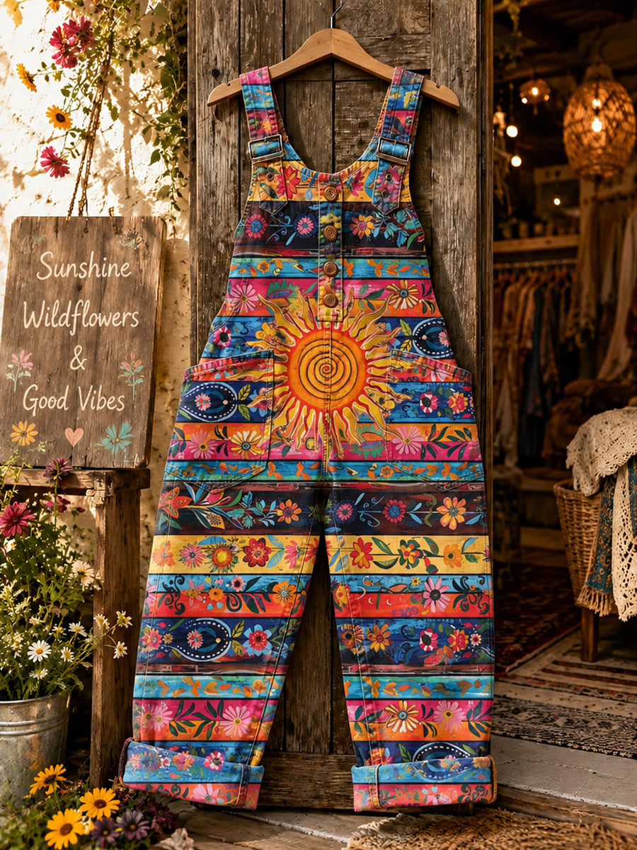 Women's Retro Style Art Print Washed Cotton Denim Patchwork Jumpsuit