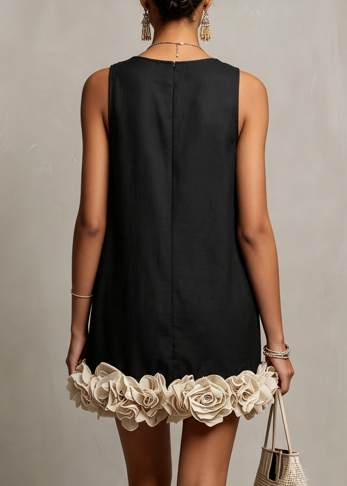 Black Sleeveless 3D Flower Detail Loose Mini Dress