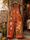 Women's Retro Style Art Print Washed Cotton Denim Patchwork Jumpsuit