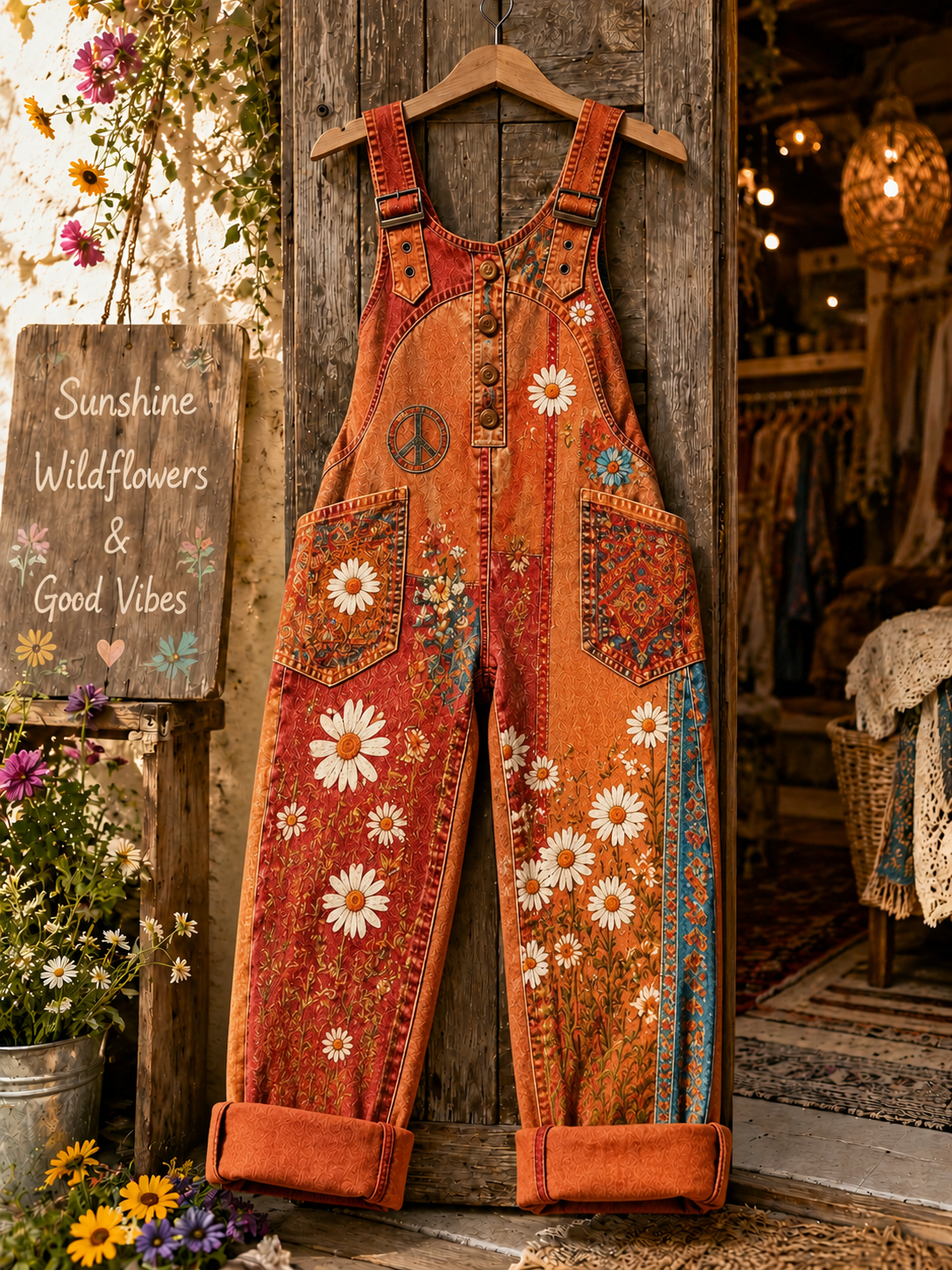 Women's Retro Style Art Print Washed Cotton Denim Patchwork Jumpsuit