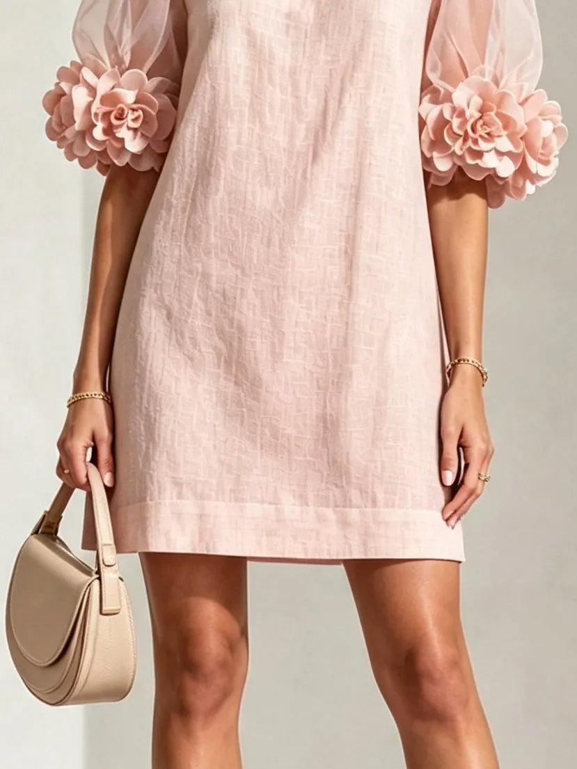 Pink Organza Puff-sleeved Mini Dress With Striking Floral Cuffs