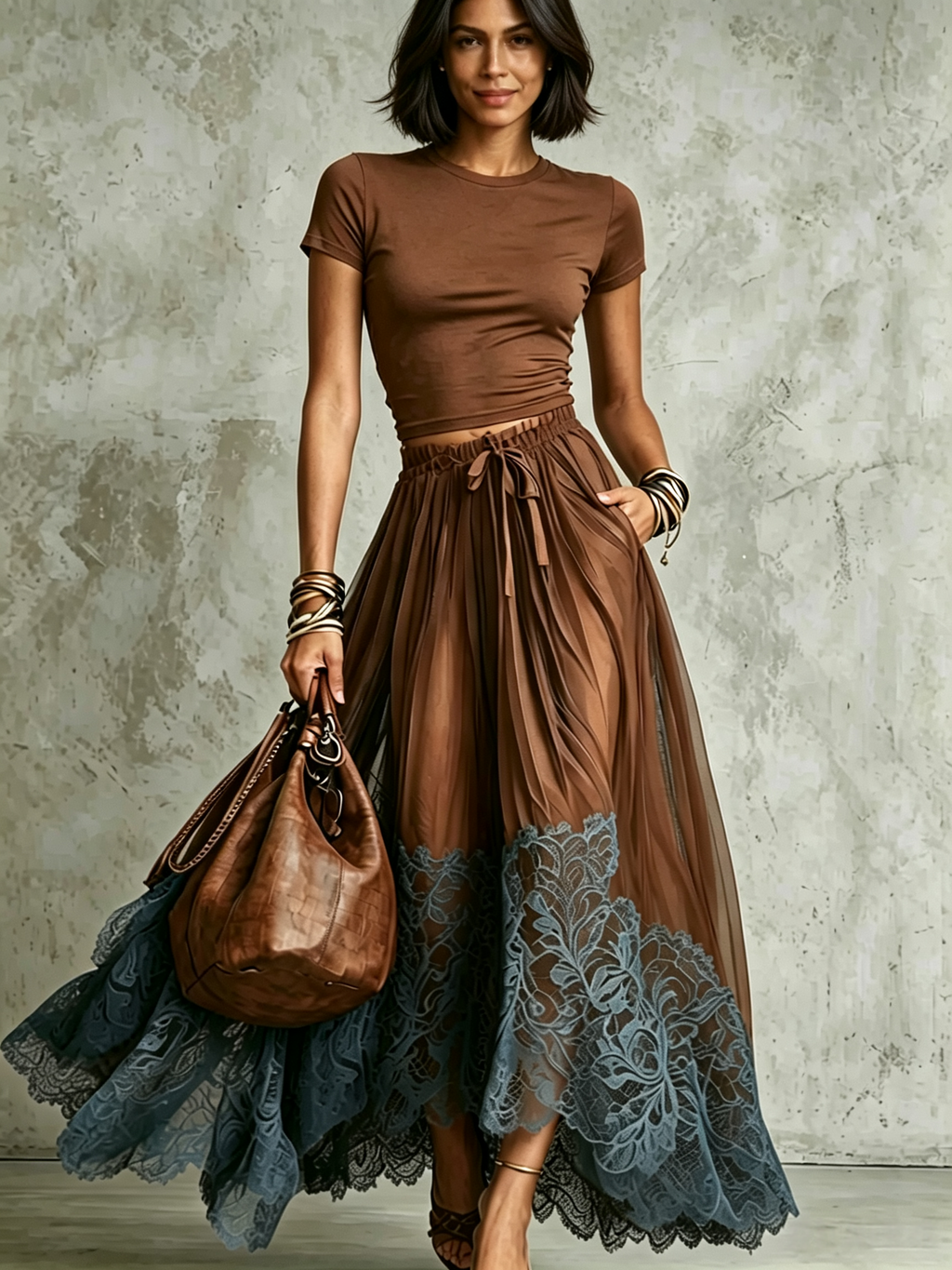Brown Blue Lace Tulle Skirt Set