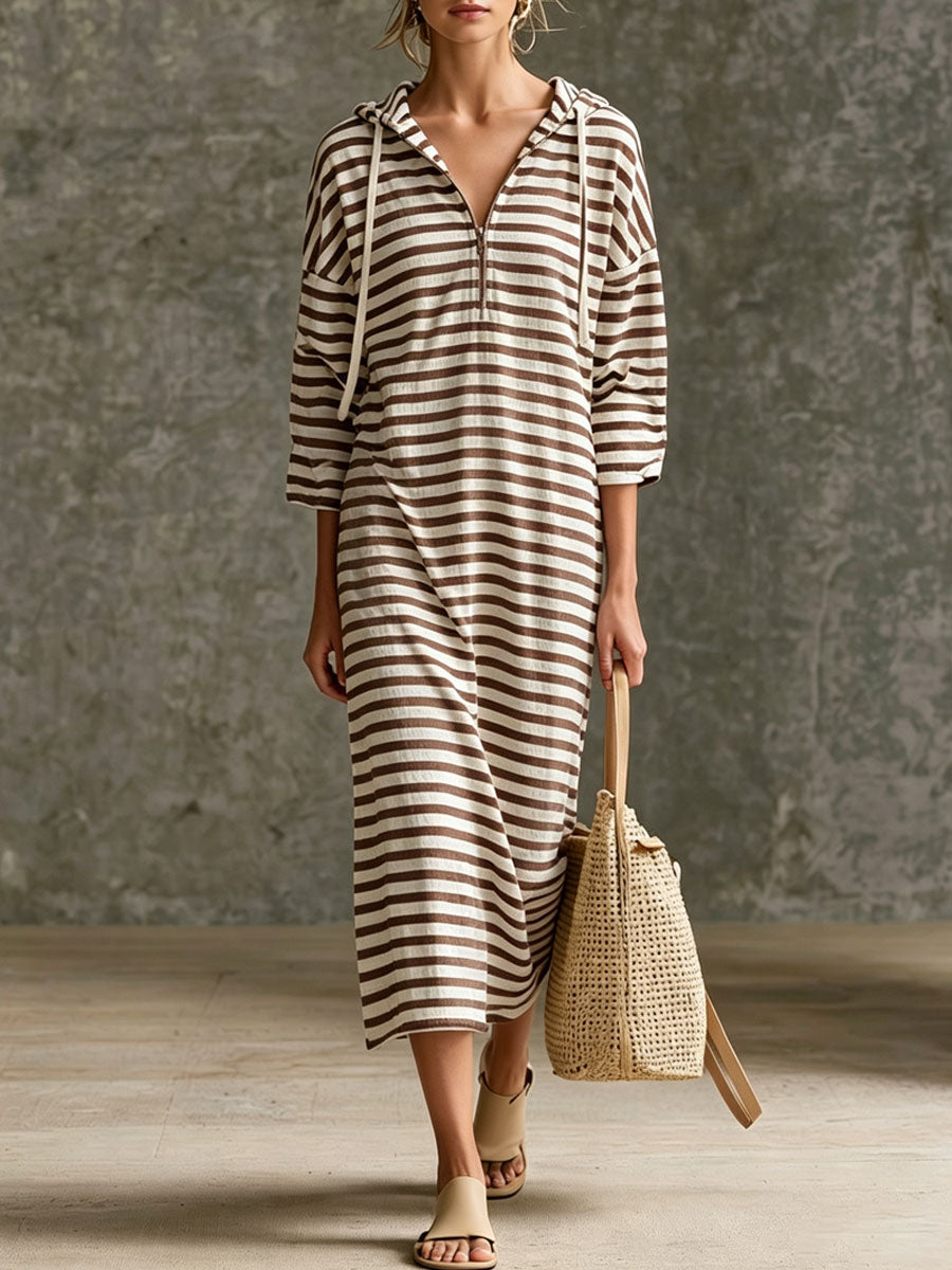 Striped Half-Zip Hooded Midi Dress