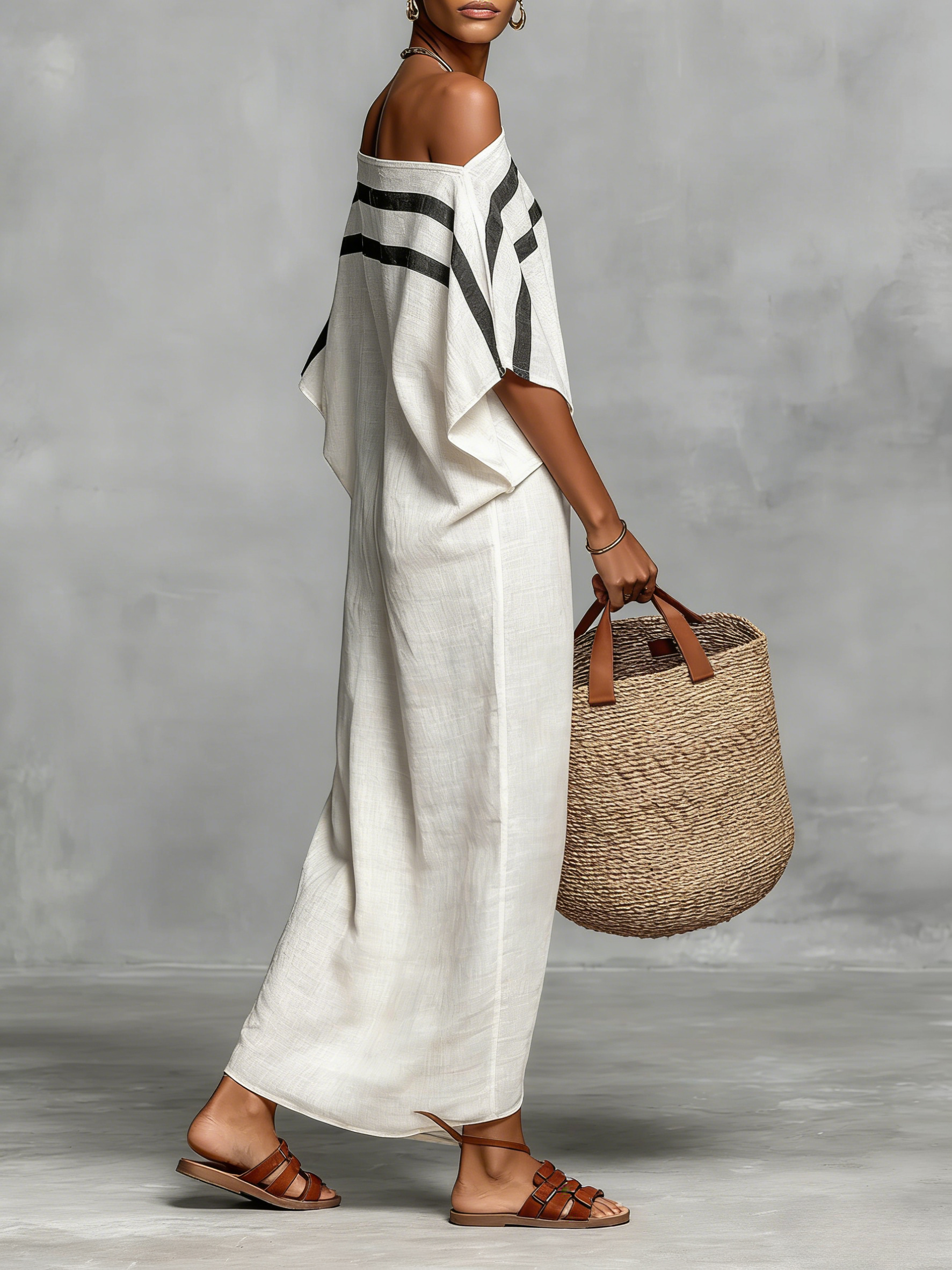 Women's Minimalist Off-Shoulder Batwing Sleeve Linen Maxi Dress