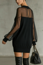 Sheer-Sleeve High-Neck Mini Dress
