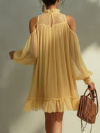 Lace Trim Cold-Shoulder Chiffon Mini Dress