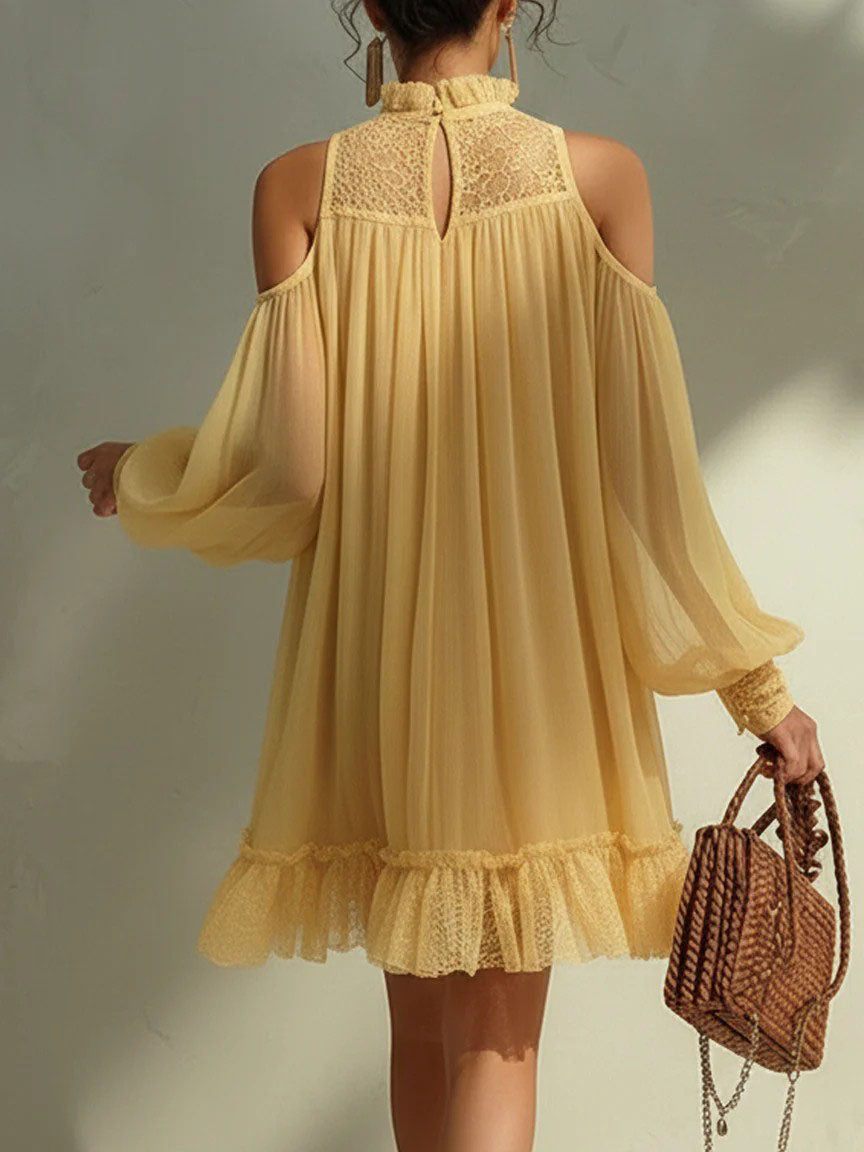 Lace Trim Cold-Shoulder Chiffon Mini Dress