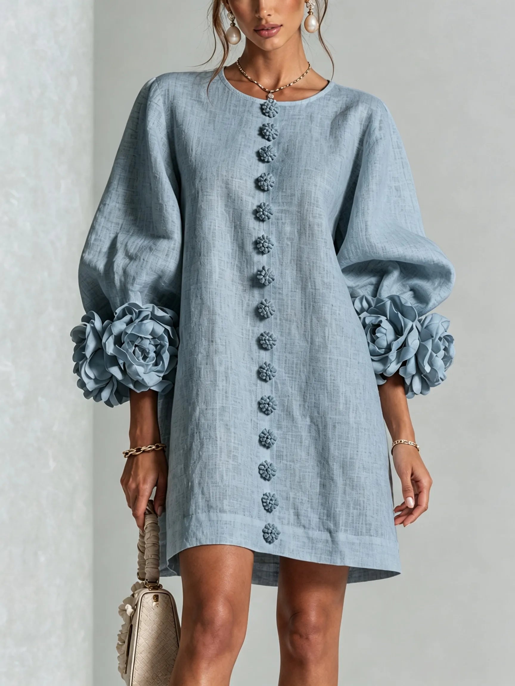 White Floral Button-down Mini Dress With Striking Floral Cuffs